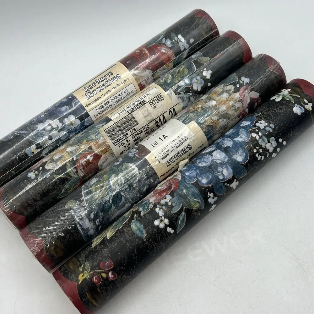 4 Roll Brewster Victorian Fruit Basket Wallpaper Border Black Red Pre-Pasted